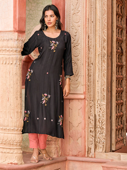 Woven Striped Resham & Cutdana Embroidered Kurta - Black