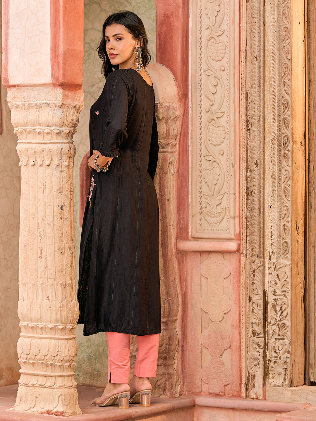 Woven Striped Resham & Cutdana Embroidered Kurta - Black