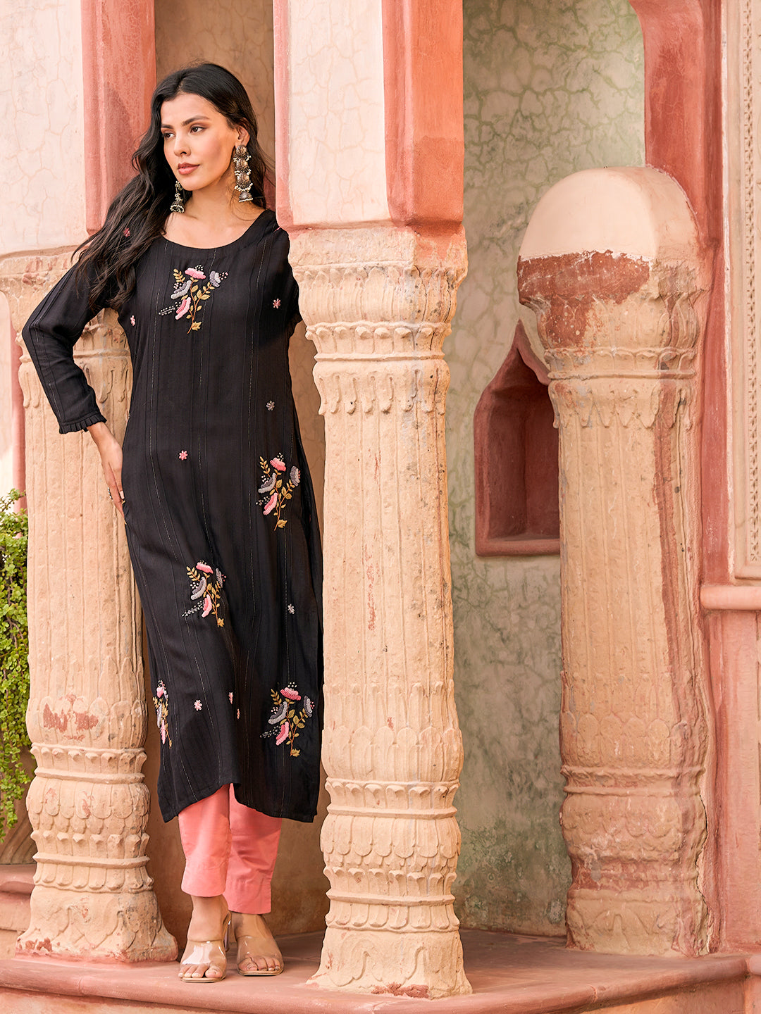 Woven Striped Resham & Cutdana Embroidered Kurta - Black