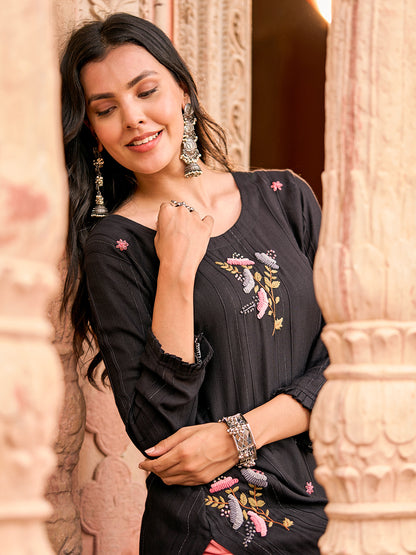 Woven Striped Resham & Cutdana Embroidered Kurta - Black