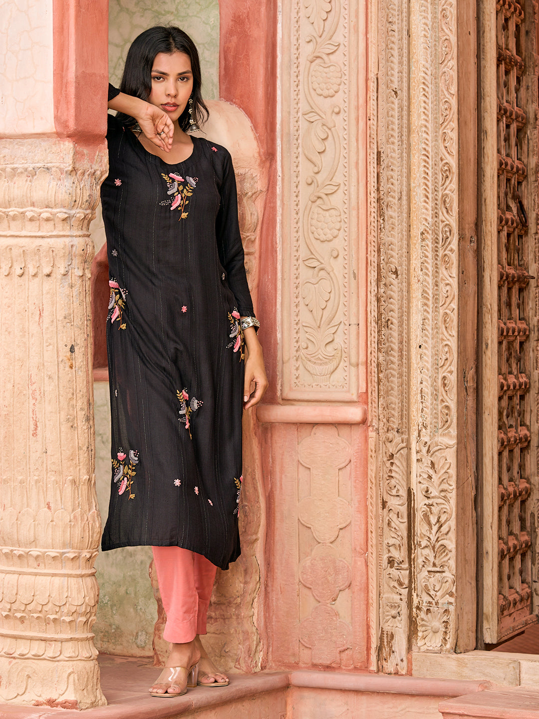 Woven Striped Resham & Cutdana Embroidered Kurta - Black