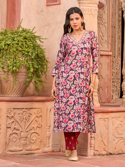 Floral Foil Printed Mirror, Zari & Sequins Embroidered Kurta - Multi