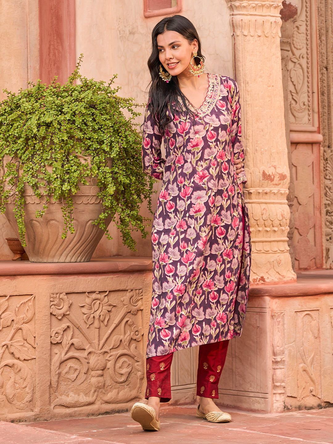 Floral Foil Printed Mirror, Zari & Sequins Embroidered Kurta - Multi