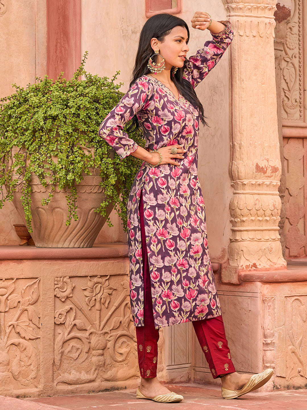 Floral Foil Printed Mirror, Zari & Sequins Embroidered Kurta - Multi