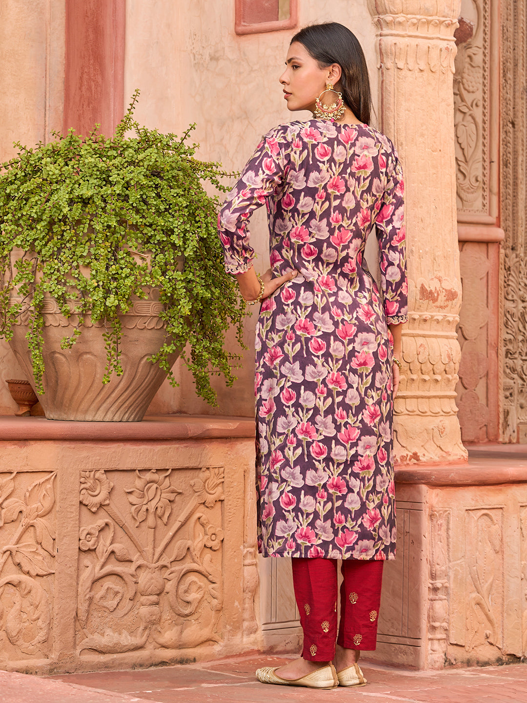 Floral Foil Printed Mirror, Zari & Sequins Embroidered Kurta - Multi