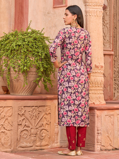 Floral Foil Printed Mirror, Zari & Sequins Embroidered Kurta - Multi