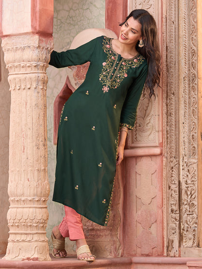 Solid Resham Floral Embroidered Kurta - Green