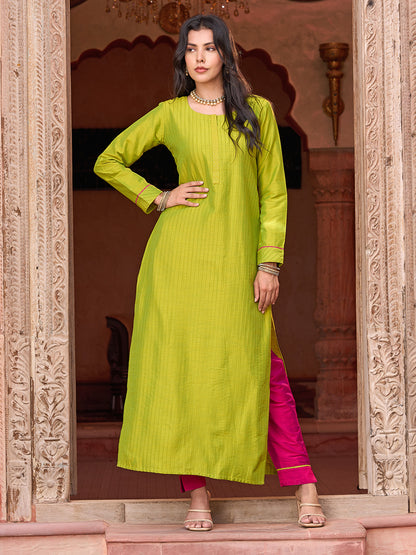 Solid Zari Top Stitched Pin-Tucks Kurta with Pants - Lime Green