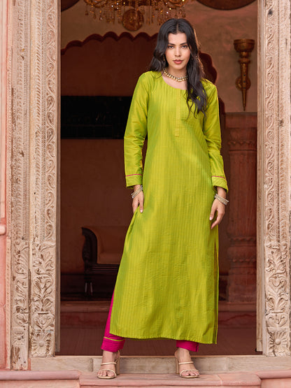 Solid Zari Top Stitched Pin-Tucks Kurta with Pants - Lime Green