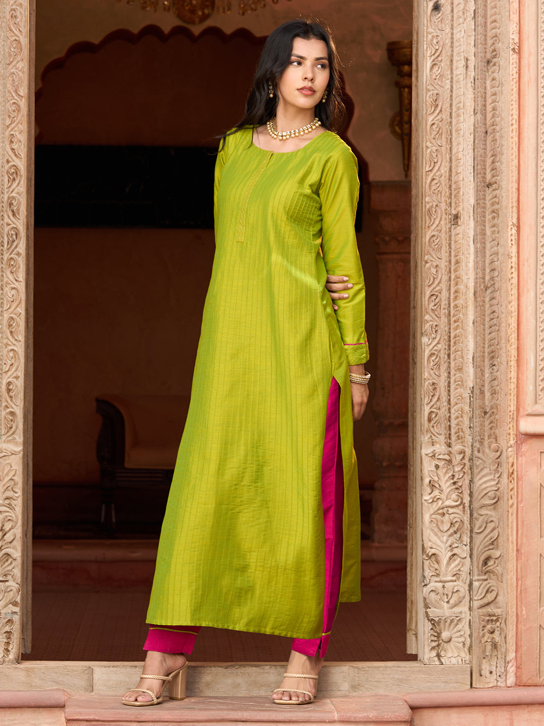 Solid Zari Top Stitched Pin-Tucks Kurta with Pants - Lime Green