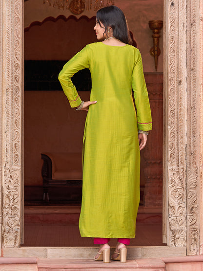 Solid Zari Top Stitched Pin-Tucks Kurta with Pants - Lime Green