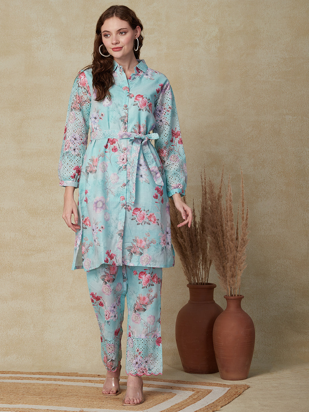 Floral Printed Schiffli Straight Fit Kurta and Pant - Mint Green