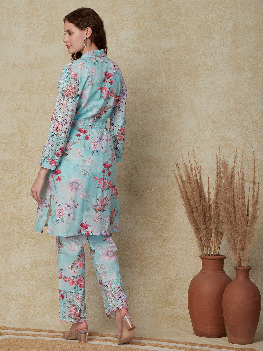 Floral Printed Schiffli Straight Fit Kurta and Pant - Mint Green