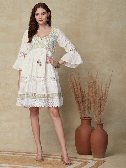Solid Mirror & Resham Embroidered Schiffili Work Tiered Indo-Western Dress - White