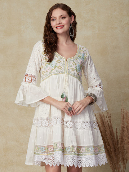 Solid Mirror & Resham Embroidered Schiffili Work Tiered Indo-Western Dress - White
