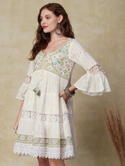 Solid Mirror & Resham Embroidered Schiffili Work Tiered Indo-Western Dress - White