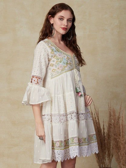 Solid Mirror & Resham Embroidered Schiffili Work Tiered Indo-Western Dress - White