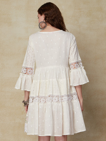 Solid Mirror & Resham Embroidered Schiffili Work Tiered Indo-Western Dress - White