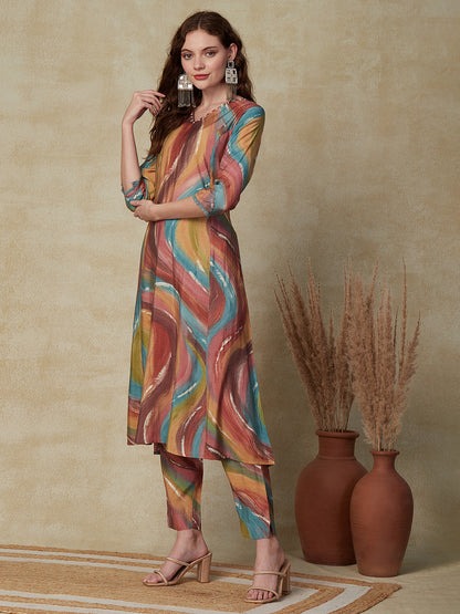 Abstract Printed Mother-of-Pearl & Pearl Embroidered A-line Kurta with Pants - Multi