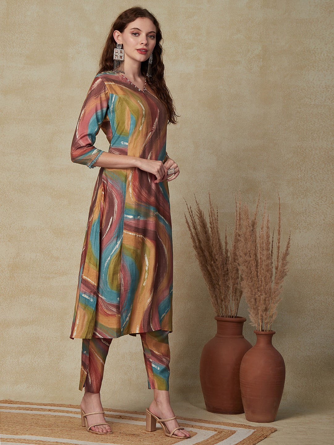 Abstract Printed Mother-of-Pearl & Pearl Embroidered A-line Kurta with Pants - Multi