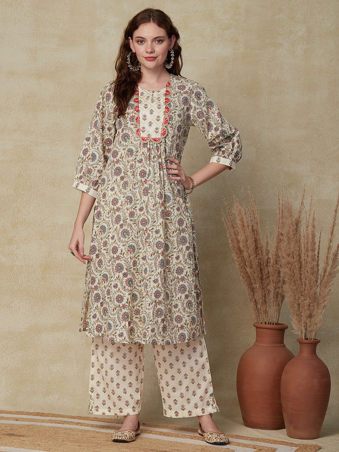 Ethnic Floral Printed A-Line Kurta with Palazzo - Cream