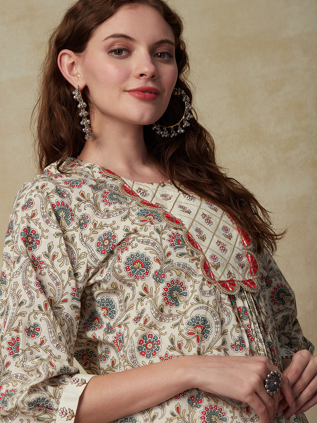 Ethnic Floral Printed A-Line Kurta with Palazzo - Cream