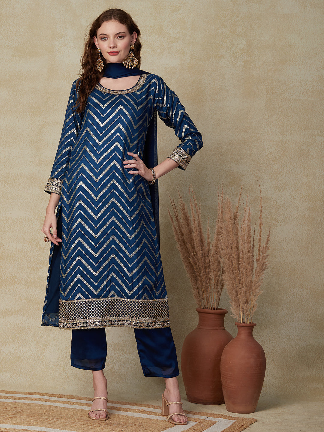 Woven Zari Jacquard Sequins & Zari Embroidered Kurta with Pants & Dupatta - Teal