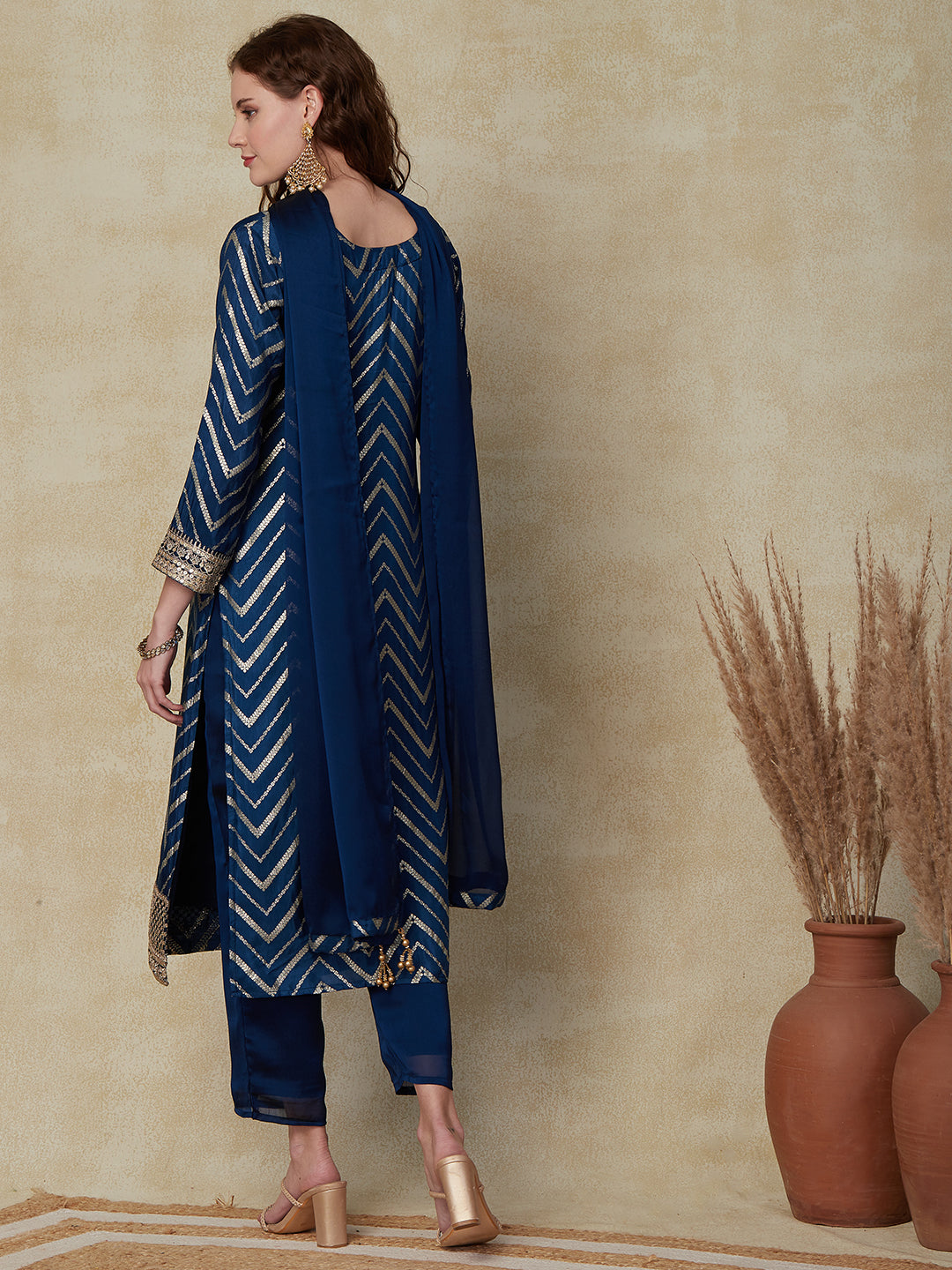 Woven Zari Jacquard Sequins & Zari Embroidered Kurta with Pants & Dupatta - Teal