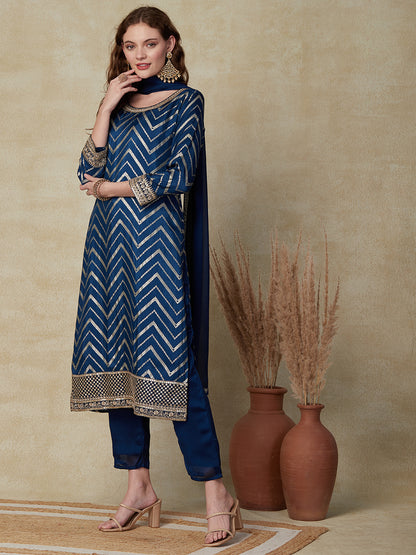 Woven Zari Jacquard Sequins & Zari Embroidered Kurta with Pants & Dupatta - Teal