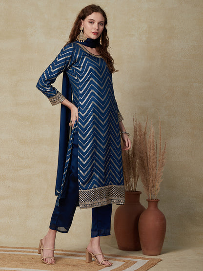 Woven Zari Jacquard Sequins & Zari Embroidered Kurta with Pants & Dupatta - Teal