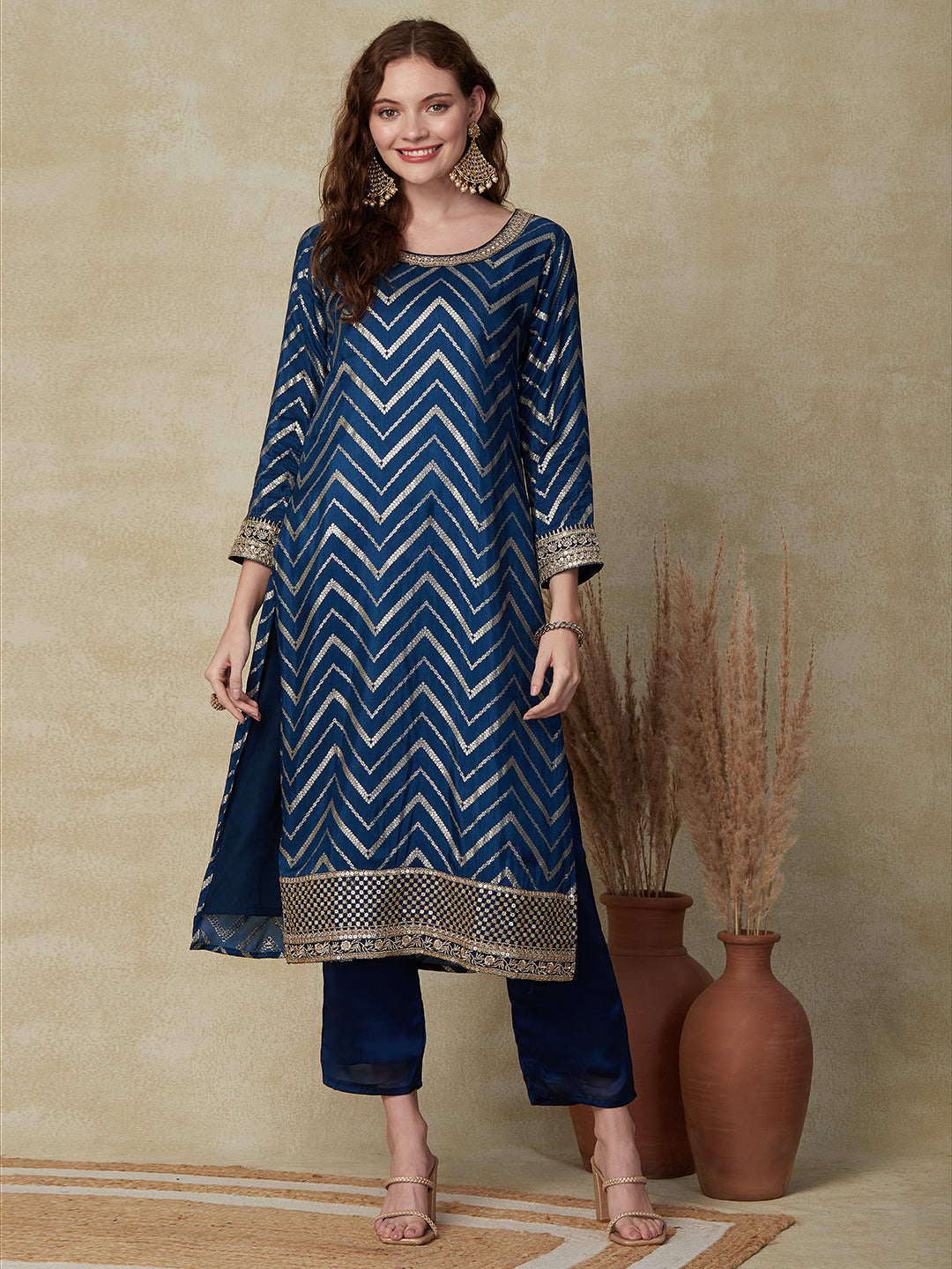 Woven Zari Jacquard Sequins & Zari Embroidered Kurta with Pants & Dupatta - Teal