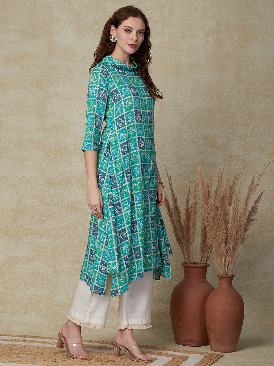 Ethnic Foil Printed Asymmetric Hem Indo-Western Midi Dress - Turquoise Blue