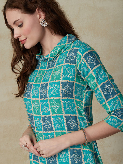 Ethnic Foil Printed Asymmetric Hem Indo-Western Midi Dress - Turquoise Blue