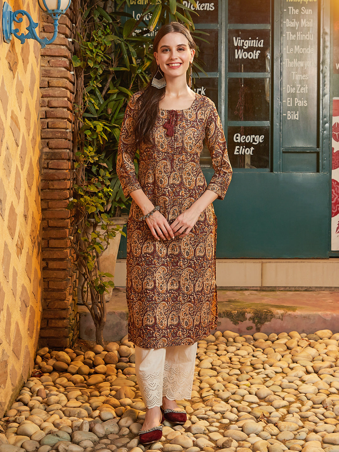 Paisley Block Printed Tasseled Pin-Tucks Kurta - Brown