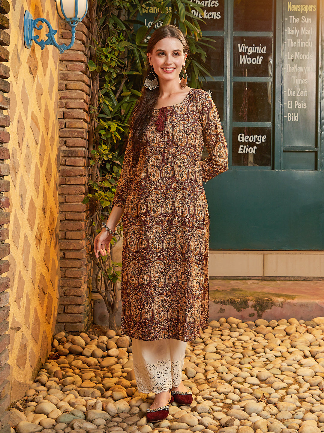 Paisley Block Printed Tasseled Pin-Tucks Kurta - Brown