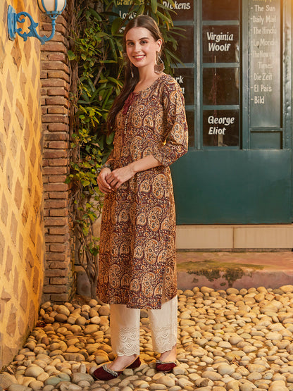 Paisley Block Printed Tasseled Pin-Tucks Kurta - Brown