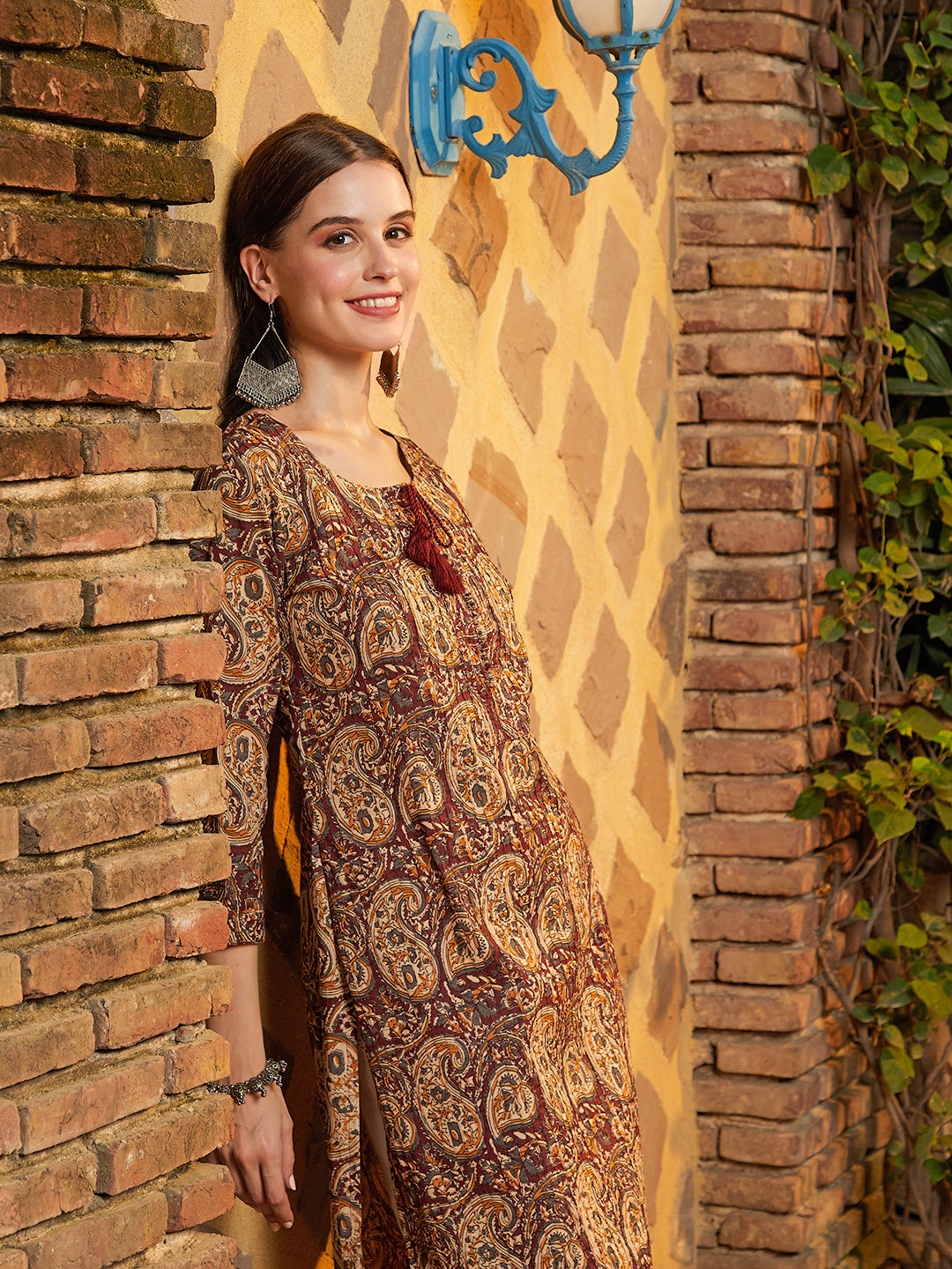 Paisley Block Printed Tasseled Pin-Tucks Kurta - Brown