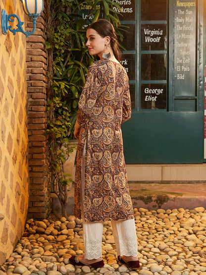 Paisley Block Printed Tasseled Pin-Tucks Kurta - Brown