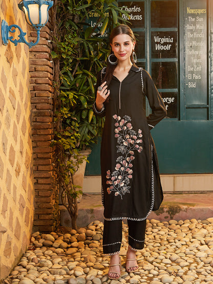 Solid Resham Embroidered Crochet Lace Embellished Kurat with Pants - Black