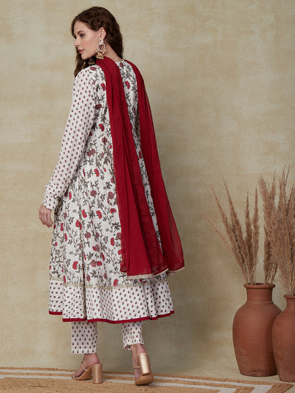 Ethnic Floral Printed Anarkali Kurta with Pant & Dupatta - White