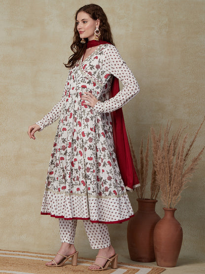 Ethnic Floral Printed Anarkali Kurta with Pant & Dupatta - White