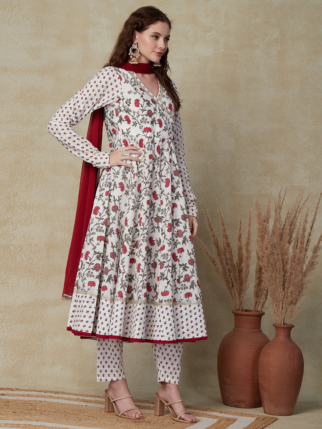 Ethnic Floral Printed Anarkali Kurta with Pant & Dupatta - White