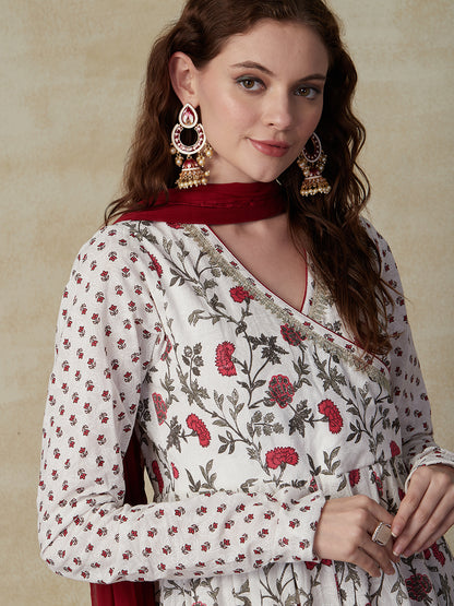 Ethnic Floral Printed Anarkali Kurta with Pant & Dupatta - White