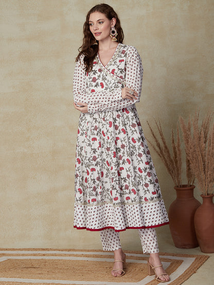 Ethnic Floral Printed Anarkali Kurta with Pant & Dupatta - White