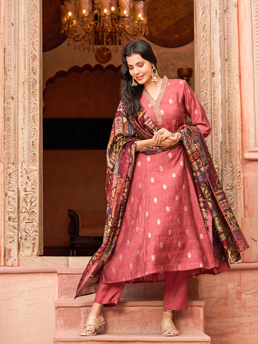 Ethnic Foil Printed & Embroidered A-Line Kurta with Pant & Dupatta - Mauve