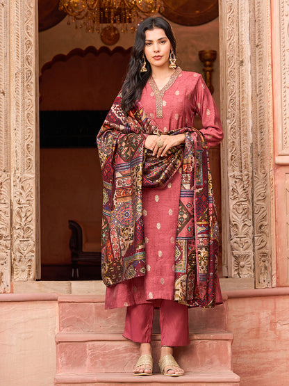 Ethnic Foil Printed & Embroidered A-Line Kurta with Pant & Dupatta - Mauve