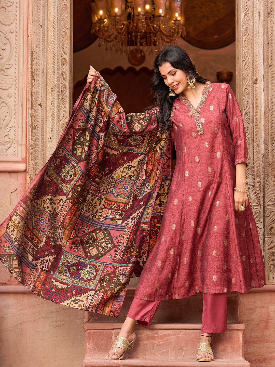 Ethnic Foil Printed & Embroidered A-Line Kurta with Pant & Dupatta - Mauve