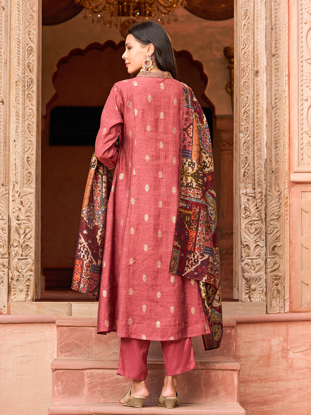 Ethnic Foil Printed & Embroidered A-Line Kurta with Pant & Dupatta - Mauve