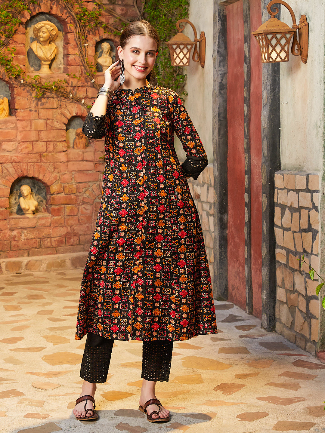 Ethnic Printed Schiffli A-Line Paneled Kurta - Black