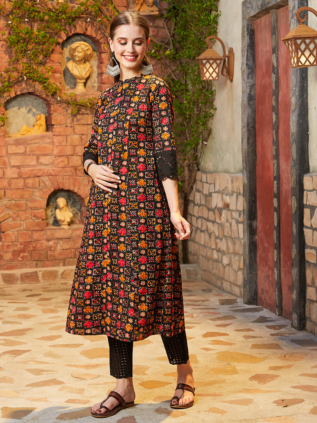 Ethnic Printed Schiffli A-Line Paneled Kurta - Black